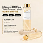Yunae Silk Peptide EGF Toner infographic: Intensive 3D Ritual, toner-essence hybrid, 30 Peptides + EGF, ceramide capsules