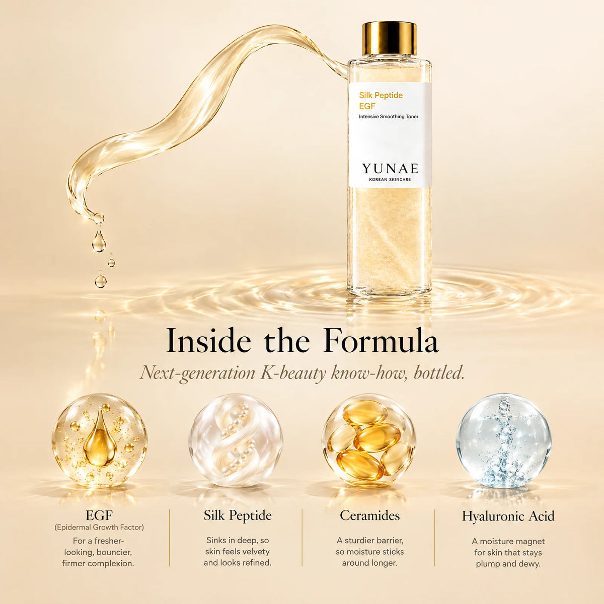 Inside the formula of Yunae Silk Peptide EGF Toner: EGF, Silk Peptide, Ceramides and Hyaluronic Acid